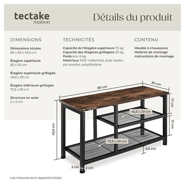 TECTAKE - Étagère à chaussures TAUNTON 80x30x45,5cm Bois foncé industriel, rustique - large