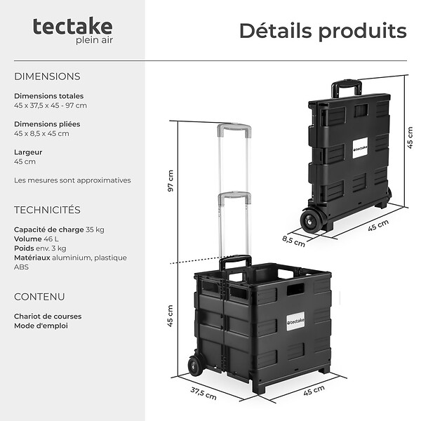 TECTAKE - Chariot de Courses à Roulettes Pliable 45 cm x 37,5cm x 45-97 cm noir - large