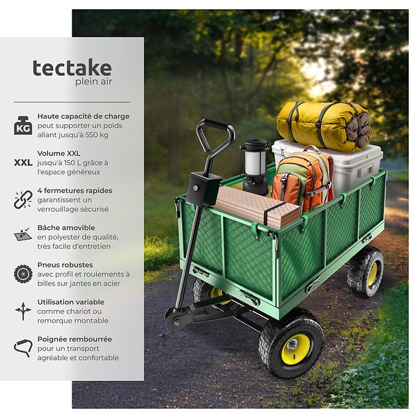 TECTAKE - Chariot de jardin 550 kg avec plateau vert - large