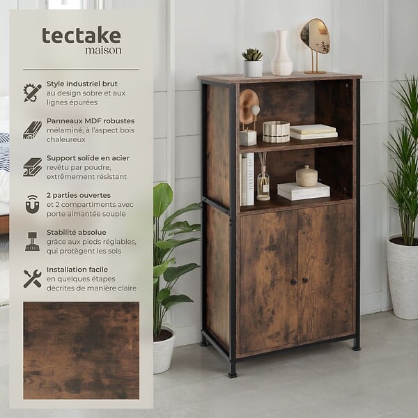 TECTAKE - Buffet Doncaster 60x38x125cm Bois foncé industriel, rustique - large