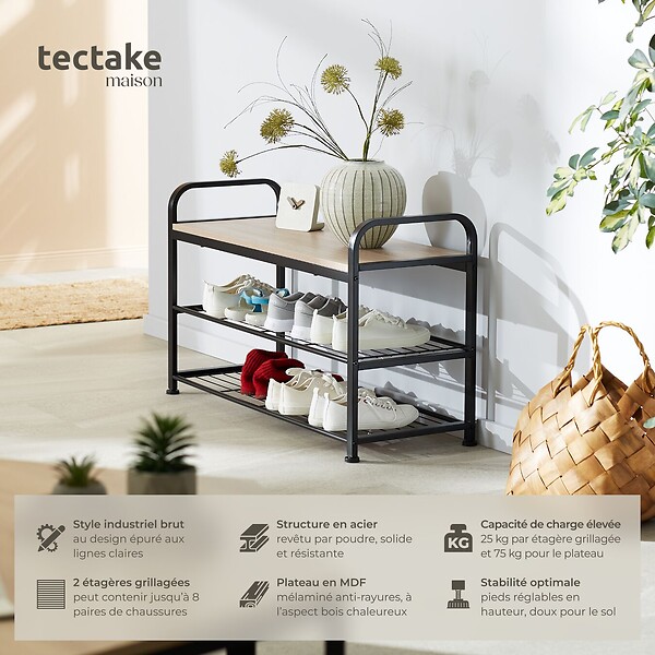 TECTAKE - Étagère à chaussures SOUTHAMPTON 91x36x55cm Bois clair industriel, Chêne Sonoma - large