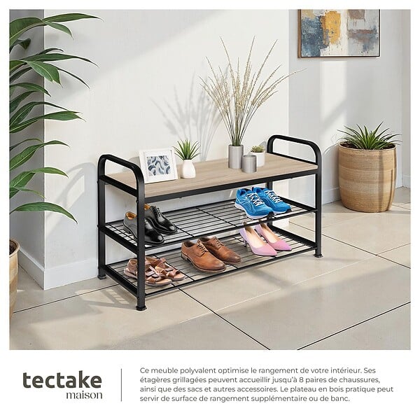 TECTAKE - Étagère à chaussures SOUTHAMPTON 91x36x55cm Bois clair industriel, Chêne Sonoma - large