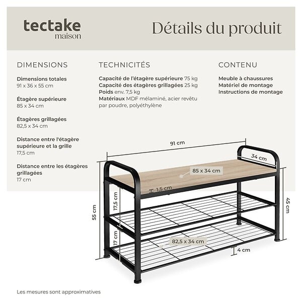 TECTAKE - Étagère à chaussures SOUTHAMPTON 91x36x55cm Bois clair industriel, Chêne Sonoma - large