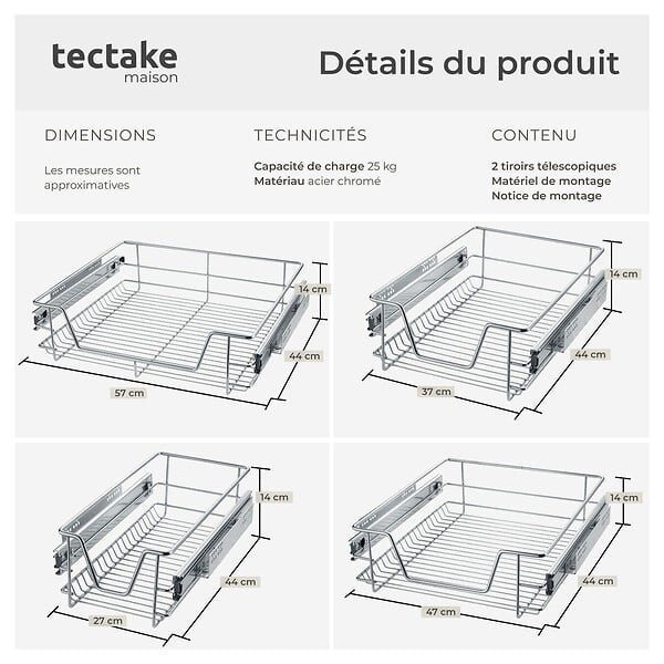 TECTAKE - Tiroir de rangement téléscopique gris - large