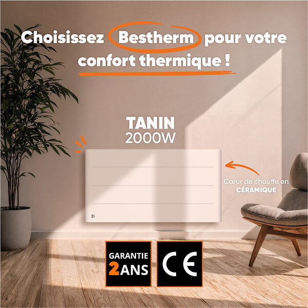 BESTHERM - Radiateur électrique fixe à inertie sèche céramique - BESTHERM - TANIN 2000W - horizontal blanc - large