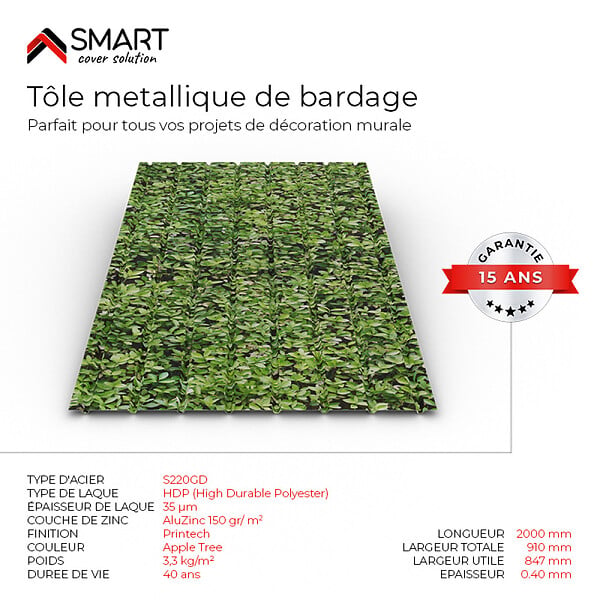 BRAVO THE SMART SOLUTION - Tôle bac acier - Bardage - plaque H12 Coloris Apple Tree Printech Dimensions 2000x910x0.40mm - large