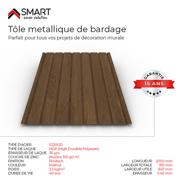 BRAVO THE SMART SOLUTION - Tôle bac acier - Bardage -  plaque H12 Coloris Walnut Printech Dimensions 2000x910x0.40mm - large