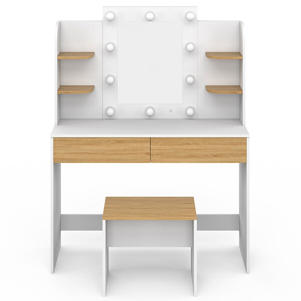 ID MARKET - Coiffeuse ZELIA blanc et hêtre table de maquillage 4 étagères, miroir LED et tabouret - large