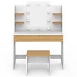ID MARKET - Coiffeuse ZELIA blanc et hêtre table de maquillage 4 étagères, miroir LED et tabouret - vignette