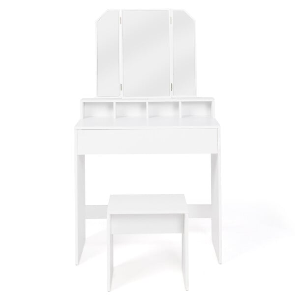 ID MARKET - Coiffeuse ZELIA 3 miroirs avec 4 niches, 1 tiroir et tabouret - large