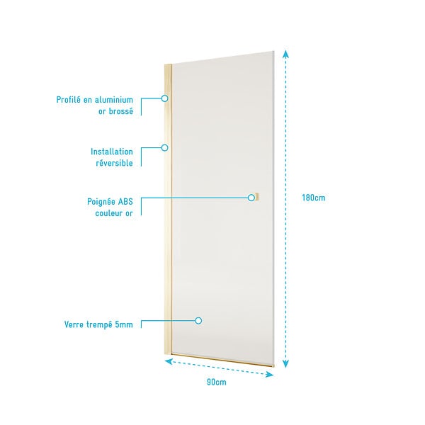 AURLANE - Porte de Douche Pivotante 90x180 cm en Verre Trempe 5 mm - Finition Or Brosse - GOLD ELEMENTARY - large