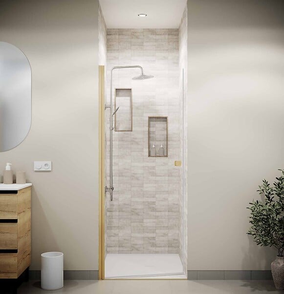 AURLANE - Porte de Douche Pivotante 90x180 cm en Verre Trempe 5 mm - Finition Or Brosse - GOLD ELEMENTARY - large