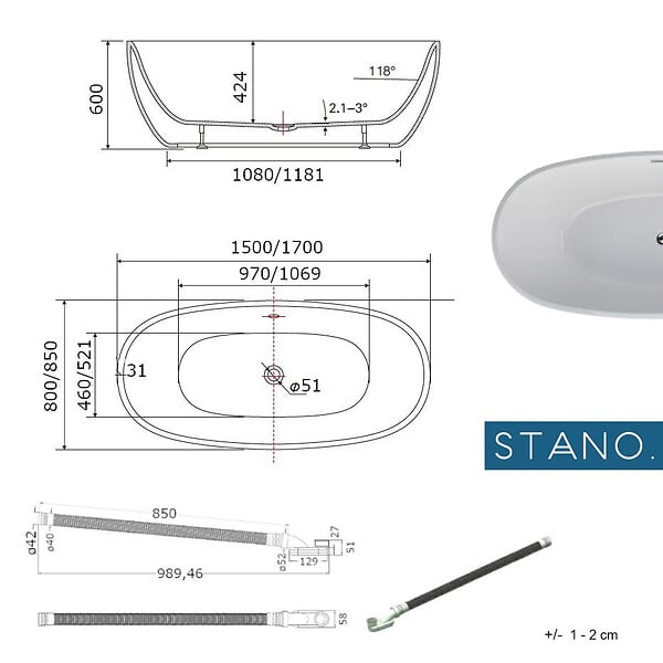 STANO - Baignoire îlot design ovale DENVER blanche 150 cm - large