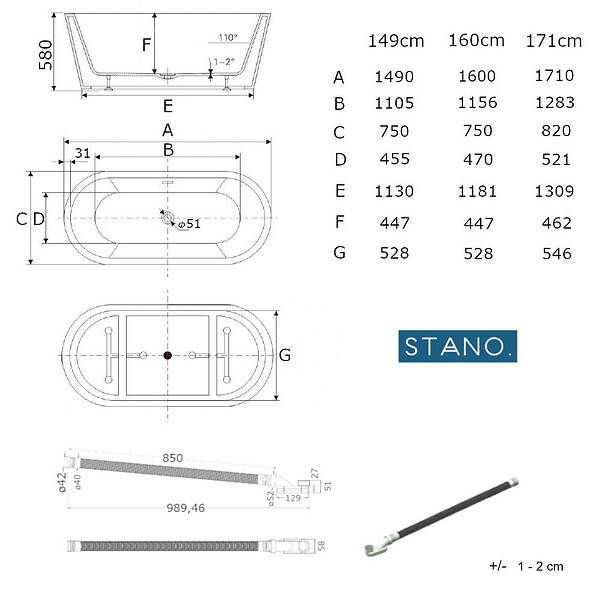 STANO - Baignoire îlot design ovale FINDLAY blanche 171 cm - large
