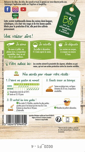 VILMORIN - Carotte Nantaise améliorée 3 bio - large