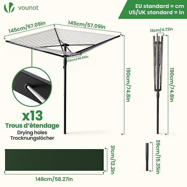 VOUNOT - Etendoir a Linge Exterieur Rotatif avec housse de protection et Surface etendage 50m Noir - large