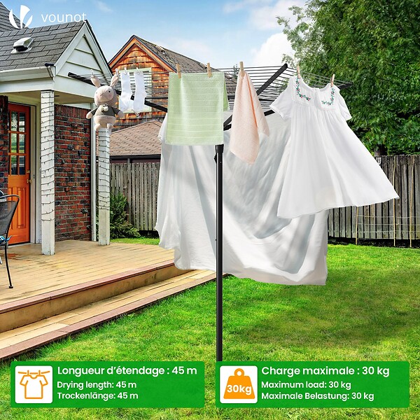 VOUNOT - Etendoir a Linge Exterieur Rotatif avec housse de protection et Surface etendage 45m Noir - large
