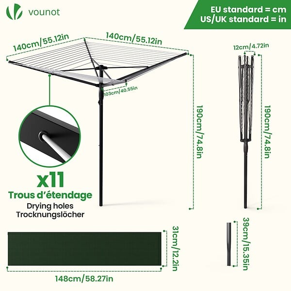 VOUNOT - Etendoir a Linge Exterieur Rotatif avec housse de protection et Surface etendage 45m Noir - large