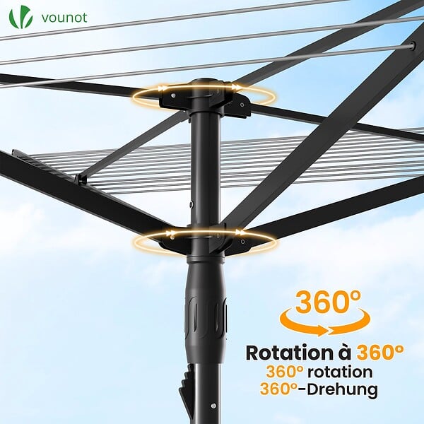 VOUNOT - Etendoir a Linge Exterieur Rotatif avec housse de protection et Surface etendage 45m Noir - large