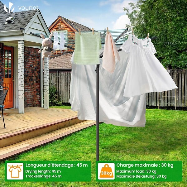 VOUNOT - Etendoir a Linge Exterieur Rotatif avec housse de protection et Surface etendage 45m Gris - large
