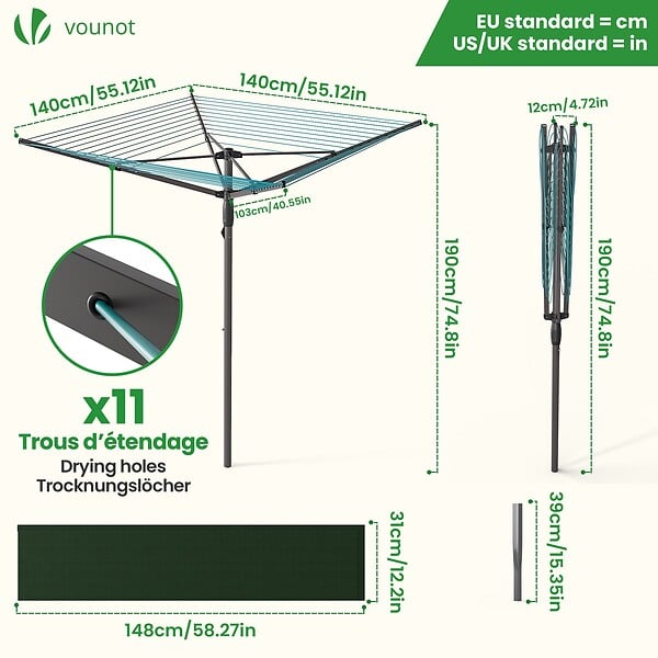 VOUNOT - Etendoir a Linge Exterieur Rotatif avec housse de protection et Surface etendage 45m Gris - large