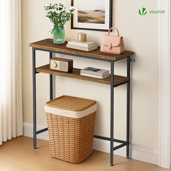 VOUNOT - Console table 2 niveaux style industriel en metal et MDF 80x24x80 cm Marron - large