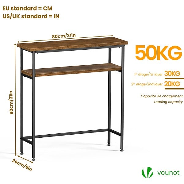 VOUNOT - Console table 2 niveaux style industriel en metal et MDF 80x24x80 cm Marron - large