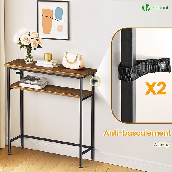 VOUNOT - Console table 2 niveaux style industriel en metal et MDF 80x24x80 cm Marron - large