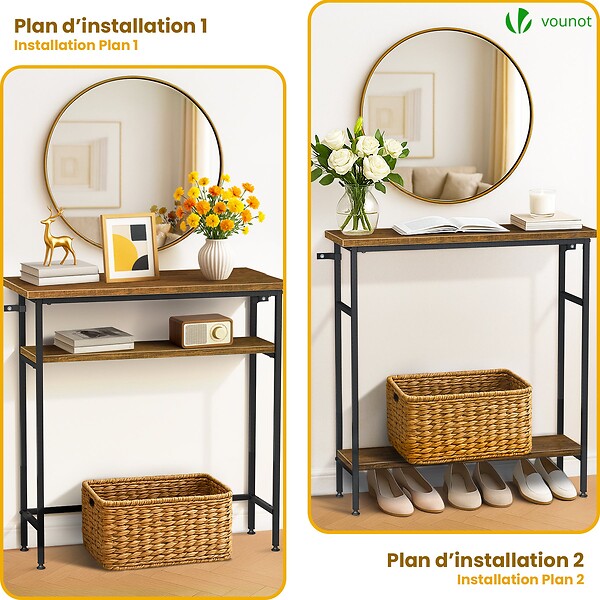 VOUNOT - Console table 2 niveaux style industriel en metal et MDF 80x24x80 cm Marron - large