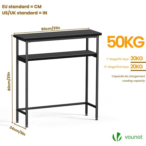 VOUNOT - Console table 2 niveaux style industriel en metal et MDF 80x24x80 cm Noir - large