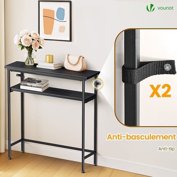 VOUNOT - Console table 2 niveaux style industriel en metal et MDF 80x24x80 cm Noir - large