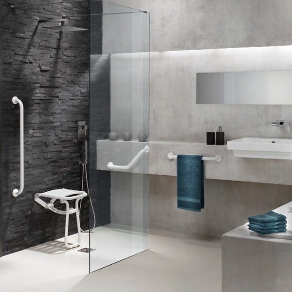 PELLET - Siège de douche PMR escamotable et barre de maintien coudée PMR PELLET Essentiel confort 135 degré - large