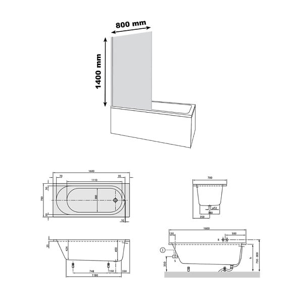 VILLEROY ET BOCH - Baignoire droite avec pieds 160 x 70 cm O.Novo Blanc + Pare bain droite AURYS Raywall chromé - large