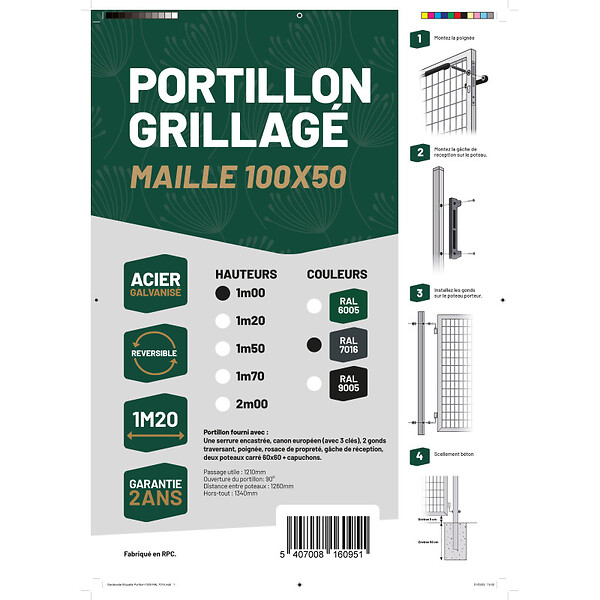 EASY CLOTURE - Portillon grillagé maille 100x50 - Largeur 1m20 - Square Gate - large