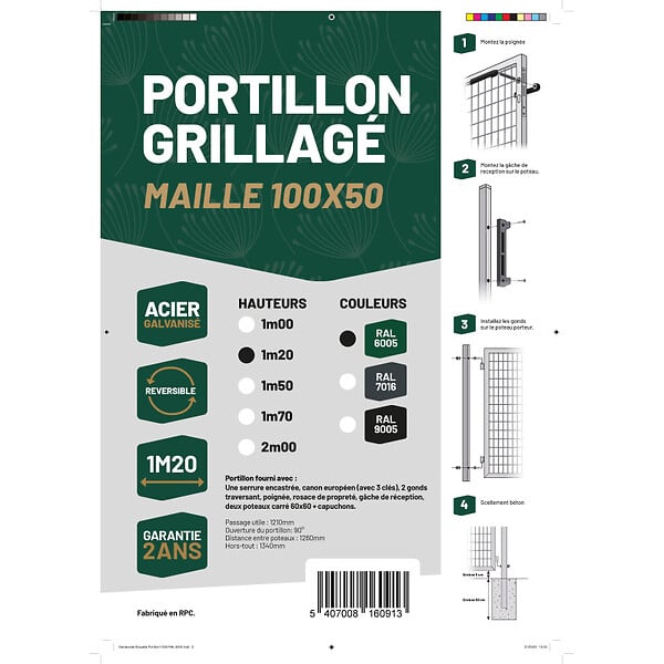 EASY CLOTURE - Portillon grillagé maille 100x50 - Largeur 1m20 - Square Gate - large