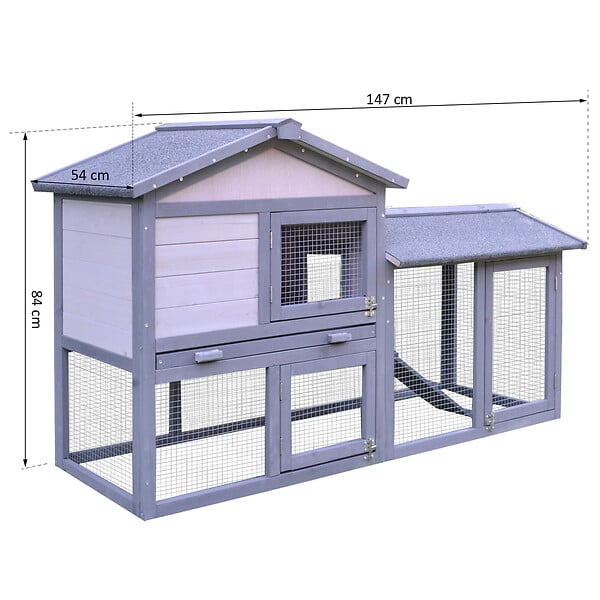 PAWHUT - Clapier cage à lapins rongeurs 2 niveaux 3 portes verrouillables tiroir à déjection toit intégral bitumé 147L x 54l x 84H cm bois massif pin gris blanc - large