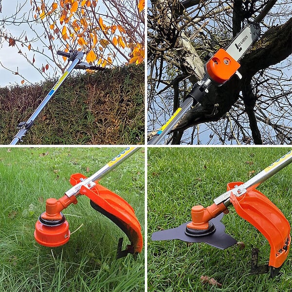 GT GARDEN - Multifonction thermique 4 en 1 : tronçonneuse - débroussailleuse - taille-haies et rallonge - large