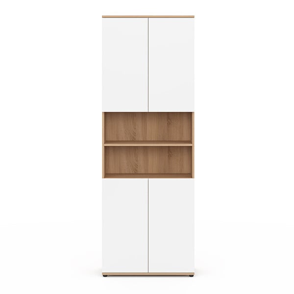 ID MARKET - Meuble armoire colonne salle de bain TOMI 4 portes 2 niches façon hêtre et blanc - large