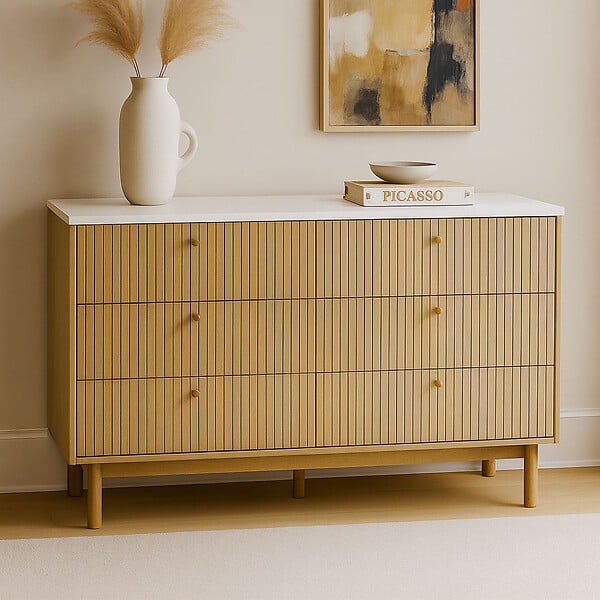 CONCEPT USINE - Buffet 6 tiroirs aspect bois rainuré et blanc 120cm BROX - large