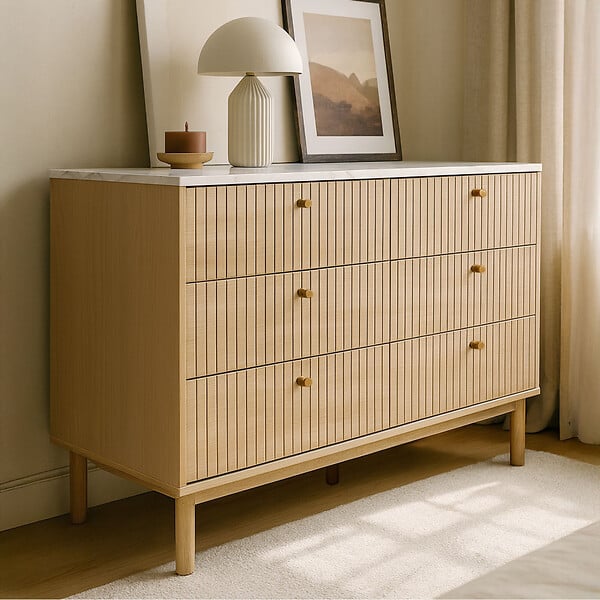 CONCEPT USINE - Buffet 6 tiroirs aspect bois rainuré et marbre 120cm BROX - large