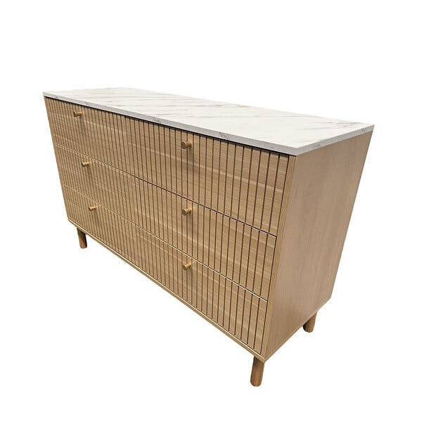 CONCEPT USINE - Buffet 6 tiroirs aspect bois rainuré et marbre 120cm BROX - large