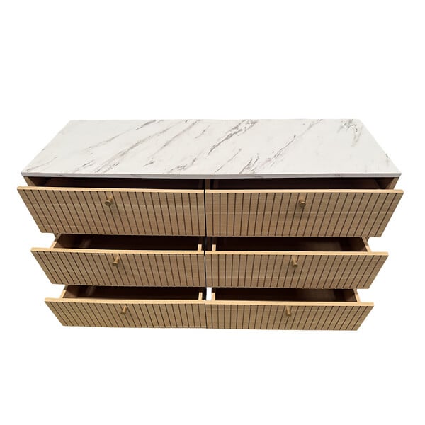 CONCEPT USINE - Buffet 6 tiroirs aspect bois rainuré et marbre 120cm BROX - large