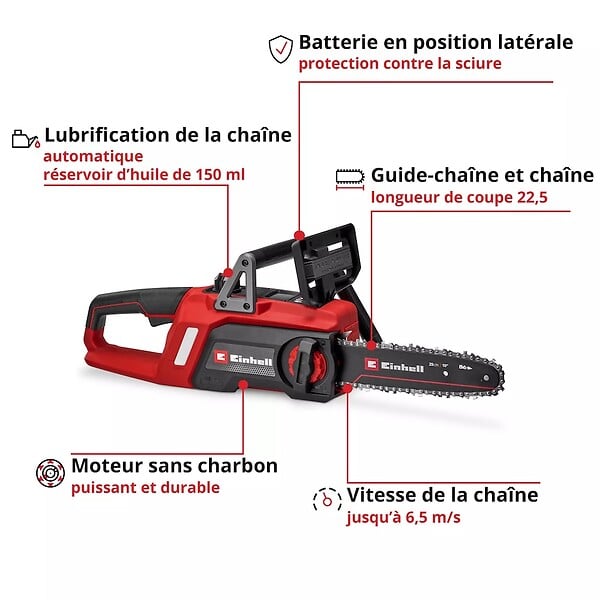 EINHELL - Tronçonneuse sans fil – GE-LC 18/25 Li BL-Solo - 22,5 cm - Brushless - 6,5 m/s - 18 V - large