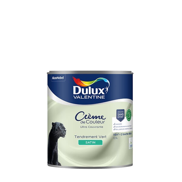 DULUX VALENTINE - Peinture Crème de Couleur Biosourcé - Tendrement Vert - Satin - 0,5 L - large