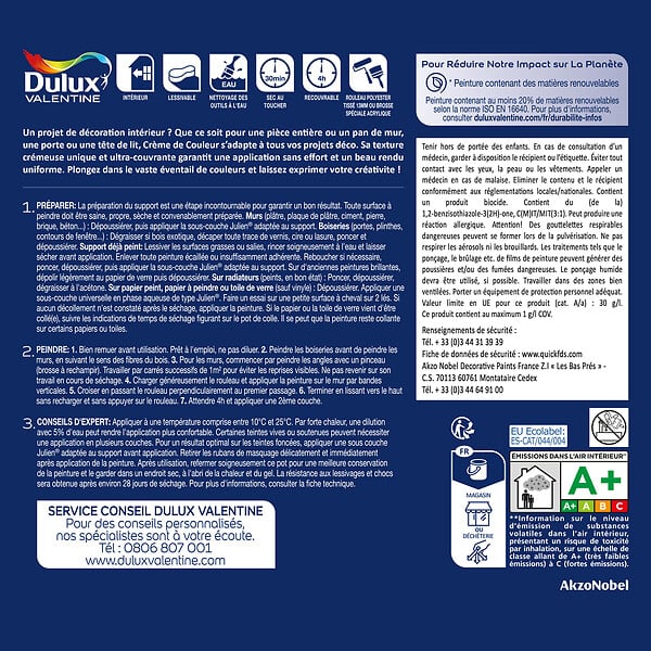 DULUX VALENTINE - Peinture Crème de Couleur Biosourcé - Bleu Vintage - Velours - 1 L - large