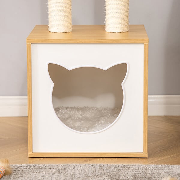 PAWHUT - Arbre à chat 2 griffoirs niche entrée tête de chat plateforme d'observation jouet suspendu coussins amovibles peluche grande douceur aspect bois clair - large