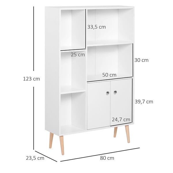 HOMCOM - Bibliothèque scandinave dim. 80L x 23,5l x 123H cm 5 niches placard 2 portes pieds effilés inclinés bois massif panneaux particules blanc - large