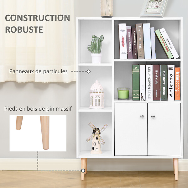 HOMCOM - Bibliothèque scandinave dim. 80L x 23,5l x 123H cm 5 niches placard 2 portes pieds effilés inclinés bois massif panneaux particules blanc - large