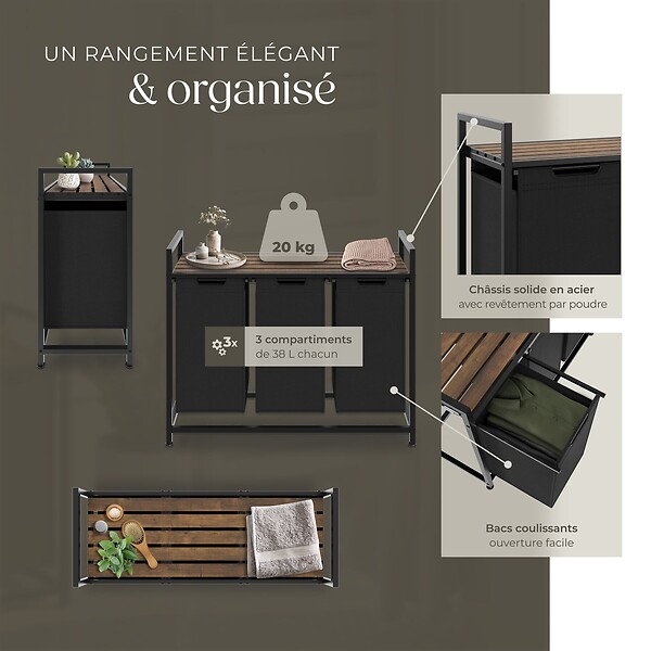 TECTAKE - Panier à linge avec étagère, style industriel noir/marron - large