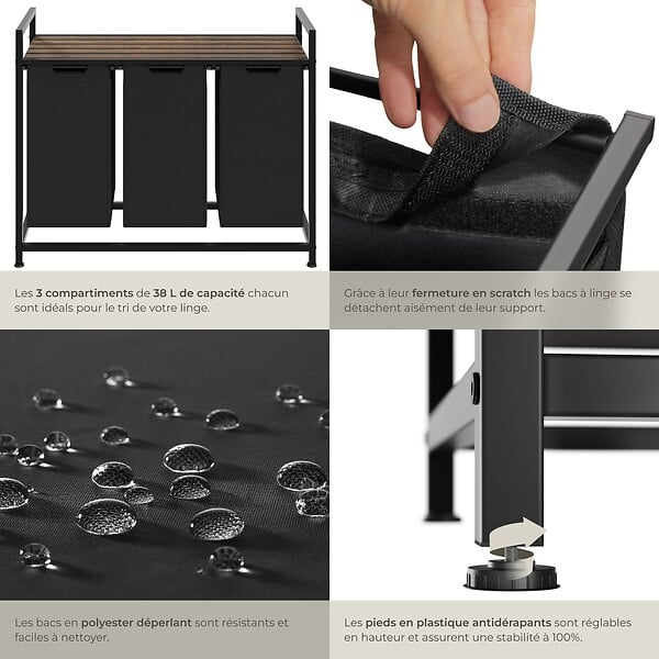 TECTAKE - Panier à linge avec étagère, style industriel noir/marron - large